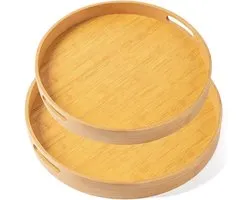 Set van 2 cirkels bamboe dienblad, massief hout, ontbijtdienblad met handgrepen, praktisch dienblad van hout, vevr voor diner, thee, koffie, bar, feestjes.