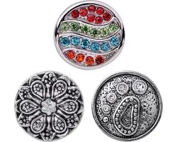 Quiges - Chunk 18mm Click Button Drukknoop Set van 3 Stuks Multi Regenboog en Zilverkleurig Bloem Voet - EBCMSET029