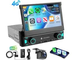 ESSGOO DAB 1Din Autoradio - Android 15 - Apple Carplay & Android Auto (Draadloos) - 6+128GB - 7 Inch IPS HD Handmatig Klapscherm - Navigatiesysteem - Bluetooth, Aux, USB, Type-C, MP5 - GPS & 4G WIFI - AHD Achteruitrijcamera