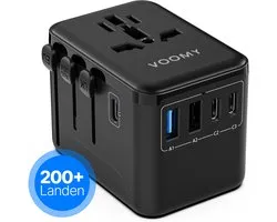 Voomy Universele Wereldstekker - 200+ landen - 35W Snellader - 3 USB-C & 2 USB-A Poorten - Reisstekker voor: Amerika (USA), Engeland (UK), Australië, Zuid Amerika, Afrika, Italië, Thailand - Zwart