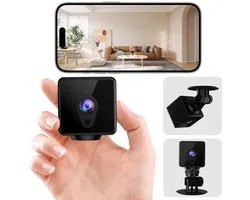 Mini-caméra, caméra de surveillance 1080P pour intérieur, supporte la transmission d'image en temps réel, application mobile, connexion wifi et dispose de fonctions de babyphone et de détection de mouvement.