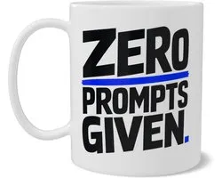 Koffiemok met Typografische Tekst Zero Prompts Given en Blauwe Streep - Minimalistische Anti-AI Cadeau Mok - Stoere Koffiebeker voor IT Professionals en Developers - Dubbelzijdig Bedrukte Keramische Beker