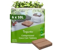 Coco Coir Kokossubstraat Tabletten - 6-Pack Van 10L Zakken, Totaal 60L - Gecomprimeerde Kokosvezel - Tablet/Water 1:3 - Ondersteunt Een Optimale Ph Van 6.4 - Versnelt Waterabsorptie - Herbruikbaar En Duurzaam - Biologisch Afbreekbaar - Organifer