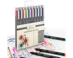 Fineliners Gekleurd 10pcs - Bullet Journal Pennen Voor Volwassenen 9 Fineliners en 1 Zwarte Brush Pen - Handlettering - Gekleurde Pennen - Ontwerpen - Designs - Cartoons - Tekeningen