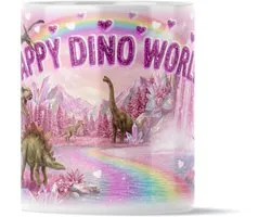 Happy Dino World Mug - Rose Dinosaurus Paradise - Cute Dinos & Crystals - T-Rex & Rainbow - Happy Kids Mug - Magical Gift for Children
