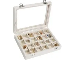 Sieradendoos - Juwelendoos - Sieradenbox met 24 Vakjes – Glazen Deksel – Fluweel – Voor Ringen, Oorbellen, Kettingen – Opberg- & Reiskoffer – Luxe Uitstraling– 35x24x4 cm – Wit