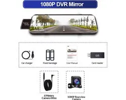 Dashcam avec caméra de recul - 4k - 10 pouces - Écran tactile IPS - Caméra miroir pour voiture - Écran tactile - Enregistreur vidéo - Rétroviseur - Dashcam -Caméra avant et arrière - Miroir - Détection de mouvement et mode stationnement -