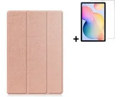 Hoesje Geschikt voor Samsung Galaxy Tab S6 Lite - 10.4 inch - Screenprotector Samsung Galaxy Tab S6 Lite - Samsung Tab S6 Lite Tri fold book case hoes Rosegoud + Tempered Glass