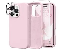 Solid hoesje Soft Touch Liquid Silicone Flexible TPU Rubber + Screenprotector - Camera Lens - Geschikt voor: iPhone 16 Pro - Lichtroze