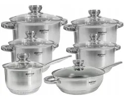 Batterie de cuisine Hoffner Elegance Premium 12 pièces en acier inoxydable avec couvercle en verre