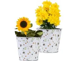 Esschert Design Seau/pot de fleurs/pot de fleurs Happy Bee - 2x - zinc - impression - L15 x P16 X H14 cm