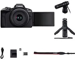 Canon EOS R50 Zwart Content Creator kit + RF-S 18-45mm IS STM - Systeemcamera - 24.2 MP - 4K Video - Kantelbaar touchscreen - Statief met afstandbediening - Microfoon - Geheugenkaart - Inclusief standaard zoomlens
