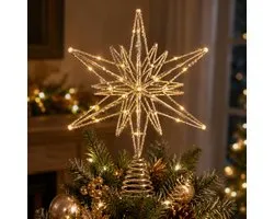 Verlichte kerstboompiek ster - champagne goud - 33 cm - 20 LED lampjes - warm wit licht