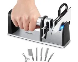 SharpFix Aiguiseur de couteaux 4-en-1 Ultra – Aiguiseur antidérapant – Aiguiseur à tirage – Fusil d'aiguisage – Aiguiseur pour ciseaux et aiguiseur de couteaux à 3 étapes en un – Acier inoxydable