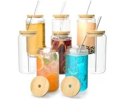 Set de 8 gobelets avec couvercles et paille en verre, ensemble de 8 verres à cocktail, verres à café glacé de 16 oz/450 ml, verre highball avec 2 brosses de nettoyage pour bubble tea, whisky, cocktail, bière.