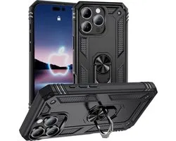 iPhone 16 Pro Max Zwart Premium Kickstand Armor Hoesje - Extreme ShockProof iPhone 16 Pro Max Black Backcover - Ultra Luxe Hybrid Armour iPhone 16 Pro Max Case - 360° Rotating Ring Grip Kickstand