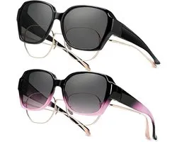 Overzet Zonnebril Groot Model - Oversized Zonnebril voor Dames - Gepolariseerd - UV400 - Set van 2 Fit-over Zonnebril - Clip-on - Retro Rond Montuur - Rijbril - Zwart en Roze Gradiënt