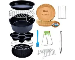 Airfryer Accessoires Set 11 Delig - 8 Inch Airfryer Bakset - Siliconen Bakvorm Pizza Pan Cakevorm Grillrek - Airfryer Bakaccessoires - Inclusief Bakpapier Tang En Oliekwast - Geschikt Voor Airfryers Vanaf 5L