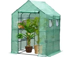 Serre 3 niveaux avec bâche PE imperméable 143x143x195cm acier vert - Serre avec supports de plantes en acier - Serre - Véranda - Serre de culture - Serre à film - Serre à légumes - Serre à tomates
