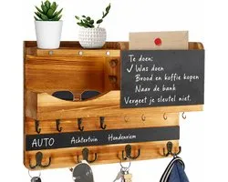 Sleutelrekje Wand met Memobord - Sleutelrek met haken - Sleutelhouder met postvak - Sleutelbord - Sleutelkastje - Sleutelhouder muur - Sleutelrek met Plank - Hout - Wandhaken