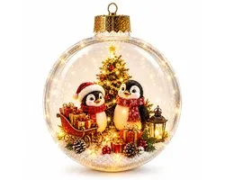 Verlichte transparante kerstbal ornament met pinguïn thema- 2D winter kerstprint- lichtgewicht PET kunststof- diameter 10 cm- met ophangring- feestdecoratie voor kerstboom- tafel en raam