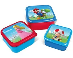 Nintendo's Super Mario 3-in-1 Snackdoosjes - 3 formaten - Vierkant - Sluit goed af - Lunchboxen voor kinderen - Los deksel - Geschikt voor koekjes, fruit en snacks - Blauw/Rood