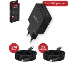 Xedor® Charge - 45W Snellader USB-C - Oplader USB-C met 2x 2 Meter Gevlochten USB-C naar USB-C Kabel - GaN PD 3.0 Adapter USB-C - Geschikt voor Samsung, iPhone 15 / 16 / 17 / 18 (Pro) / Duo / Air, Tablet & Laptop - Zwart
