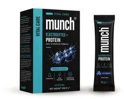 Munch Electrolytes + Protein Myrtille | Poudre d'électrolytes avec collagène, magnésium, potassium et vitamine C* | Complément sportif et d'hydratation sans sucre | Saveur myrtille | 30 sticks de 10 g (300 grammes)