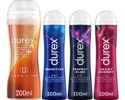 Durex – 4 lubrifiants à base d'eau et de silicone pour chaque occasion – Massage 2en1 Ylang Ylang 200 ml – Crazy Cherry 100 ml – Sensitive 100 ml – Perfect Gliss 100 ml – Value pack 500 ml - Value pack