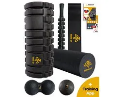 Rising Up Foamroller Pro Set – Grid & Gladde Foamroller, Peanut Roller, Massagebal, Kuitroller, Weerstandsband + Rugzak & Gratis Trainingsapp + E-books