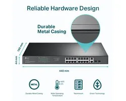 TP-Link TL-SG1218MP, Non-géré, Gigabit Ethernet (10/100/1000), Full duplex, Connexion Ethernet, supportant l'alimentation via ce port (PoE), Grille de montage, 1U