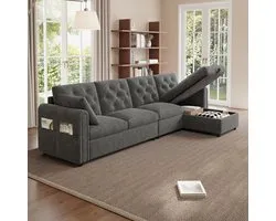 Canapé en L, Canapé 4 places, Canapé d'angle Canapé moderne en velours avec rangement dans le coin, Rangement en L dans le coin ajustable vers la gauche et la droite, Accoudoirs avec porte-revues, Dossier capitonné. Gris. (281×86×71 cm)