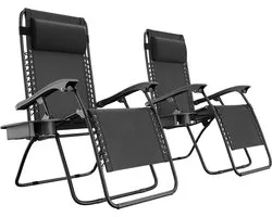 Chaises Chaises longues pliables LifeGoods - Chaises de jardin de jardin - 2 pièces - 30 ° -90 ° réglable - Table d'appoint et oreiller - Métal - Zwart