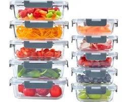 Contenants de Stockage d'Aliments en Verre Set - 10 Pièces avec Fermetures à Clic - Boîtes à Lunch Hermétiques pour Préparation des Repas, Micro-ondes, Four, Congélateur et Résistant au Lave-vaisselle