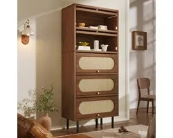 Rattan Sideboard Cabinet, Walnut Wood Tall Storage Cabinet with 5 Rattan Doors & Metal Legs, Large Storage for Living Room Kitchen Hallway, Size 80×40×163cm