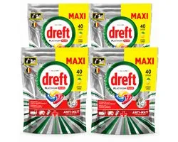 Dreft Platinum Plus All in One Capsules pour lave-vaisselle Citron – 4 x 40 Pièces – 160 Capsules – Maxi Lot Économique