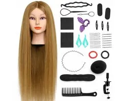 Kappershoofd Oefenhoofd 90% Echt Haar met Statief Kaphoofd Kapperspop Kappers Pop - Incl. Styling Accessoires - Goud Bruin Haar - 65 cm