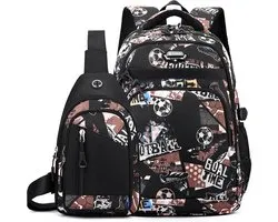 Ensemble de 2 sacs à dos pour garçons avec imprimé football - Grand sac à dos scolaire graffiti avec sac de poitrine - Sacoche pour ordinateur portable résistante à l'eau pour adolescents garçons, collège, rentrée scolaire, voyage