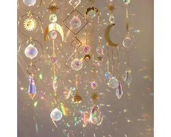 Carillon à vent 6 pièces - Attrape-lumière en cristal coloré - Suspension décorative avec chaîne - Carillon en cristal - Idéal pour fenêtres, maison, jardin, fêtes de Noël, décorations de mariage - 43 cm - Or