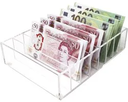 Geldorganizer met 8 Compartimenten van Transparant Acryl, Ideaal voor Briefgeld, Kassasysteem en Cash Box