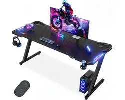 Devoko Bureau de Gaming 160x60x75 cm - Bureau Look Carbone avec Éclairage LED et Commande Tactile - Capacité de Charge 100 kg - Porte-gobelet et Crochet pour Casque - Noir