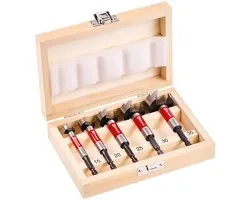 Einhell Forstner boorset, 5-delig (Ø 15–35 mm, C65 gereedschapsstaal DIN 7483 G, precisie centreerpunt, 4-zijdige voorsnijrand, conische kopvorm, beitelrand, E 6.3 schacht, houten kist)