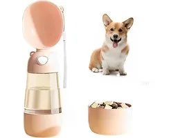 2-in-1 waterfles voor honden met voercontainer, draagbare waterdispenser voor honden, drinkflessen voor buiten voor puppy's, katten en huisdieren, essentiële artikelen voor reizen, wandelen en hiken, huisdieraccessoires (blozenbeige)
