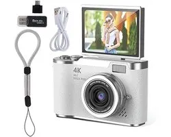 KZQ 4K digitale camera 48MP met flip screen selfiecamera 8x zoom 32GB geheugenkaart 2,4 inch HD kantelscherm LED invullicht vlogcamera wit voor kinderen tieners en studenten
