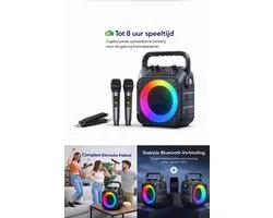 Bluetooth Karaoke Box met 2 Draadloze Microfoons en Kleurrijke LED-Lichten – Draagbare Speaker voor Feest en Entertainment – Zwart