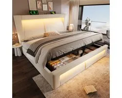 Wishdor Opbergbed 160x200 cm - Hydraulisch - Ledverlichting met app & USB-C - Fluweel - Beige - Jouw home spa met tech