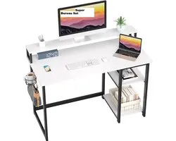 Desk with Monitor Stand, Height Adjustable, Computer Desk with Storage Bag, PC Table with Headphone Holder, Small Office Table for Home Office (100 x 50 x 74 cm, White)