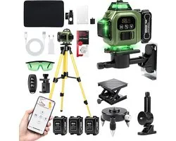 SnelShoppen - Crossline Laser met Statief - 4D Laser Level met 16 Groene Stralen - 360° Zelfnivellerende Laser - 3 x 3600mAh Batterij - Perfect voor B