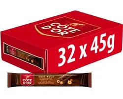 Côte d'Or Chocolade Reep Puur Hele Hazelnoten Doos 32 Repen x 45g - Chocoladerepen en Tabletten - Chocoladebar - Chocolade om uit te delen - Voorraad - Cadeau