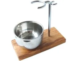 D.O.M. Olijfhouten Scheerkwast Houder KLASSIK PLUS met Glanzende RVS Scheerkom – Handgemaakt Elegant en Modern Design
